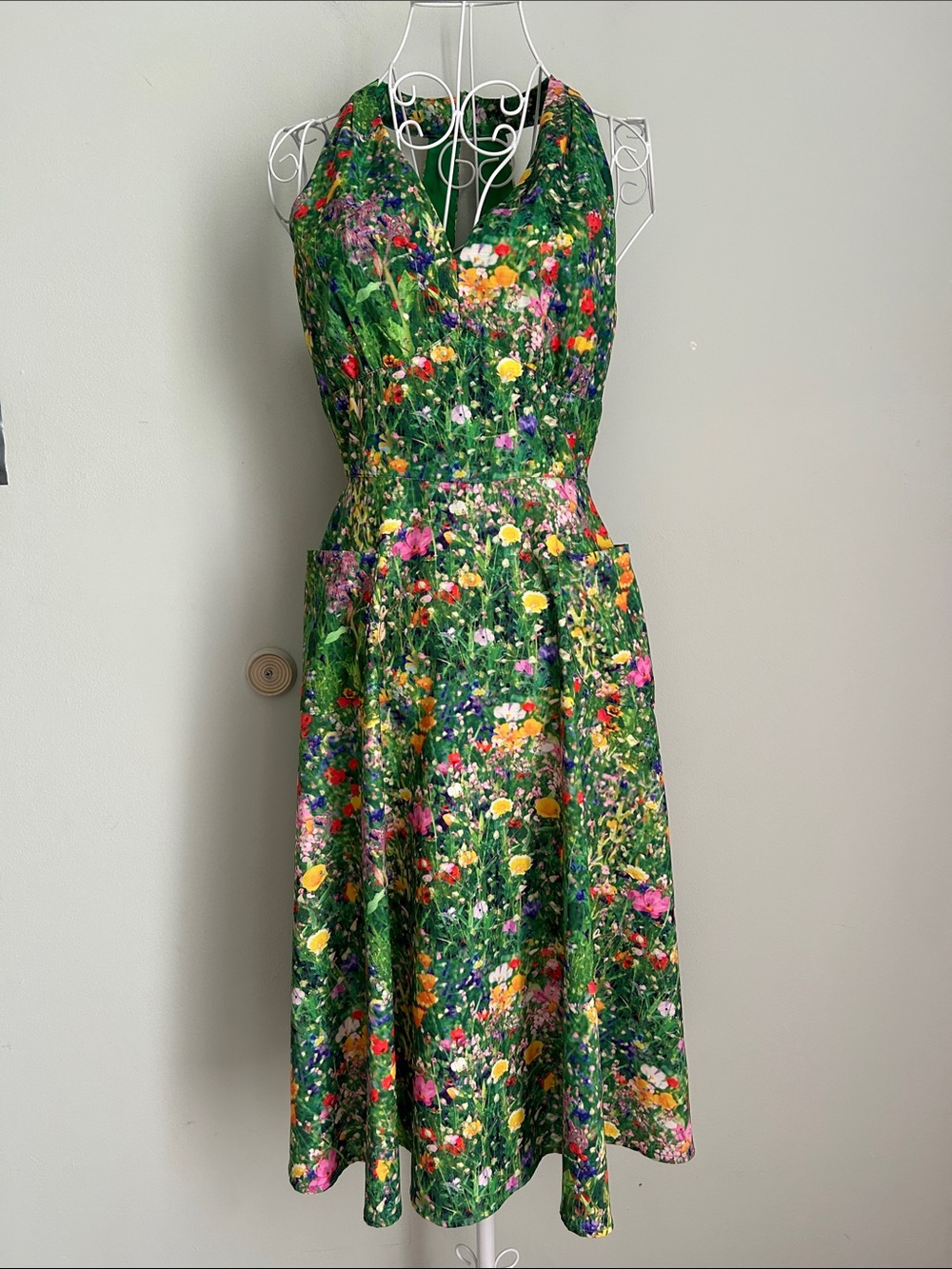 Unique Vintage Green Floral One-Shoulder Midi Dress - Picture 5 of 15